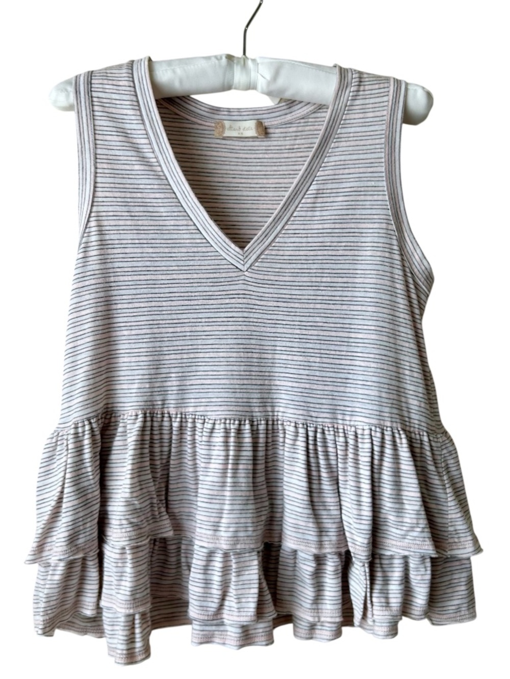 Altar'd State Pink Gray Black Stripe Vneck Tank Top Double Ruffle Hem XSmall